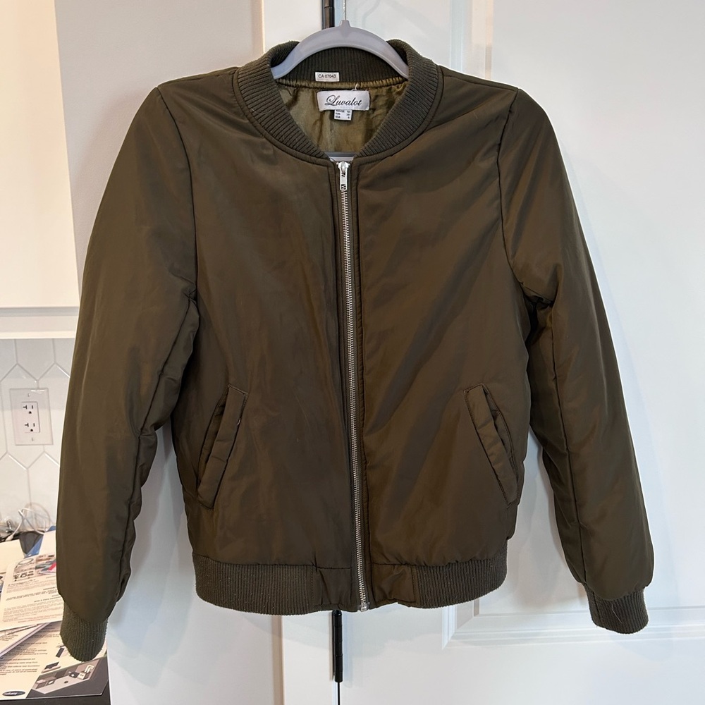 Luvalot Olive Green Bomber Jacket with Silver Zip Front